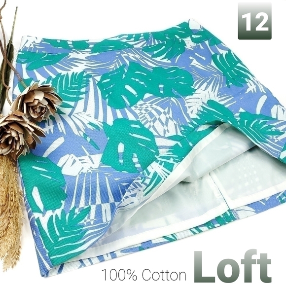 Loft Blue Green White Leaf Pattern Cotton Skirt Size 12 - Picture 1 of 12